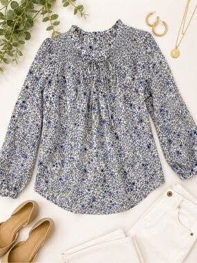 Rachel Zoe Floral Smocked Blouse S | Blue Lavender Print Boho Top